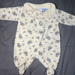 Vintage Lullaby Club Newborn Collared Footie Sleeper Teddy Bear Nautical Print